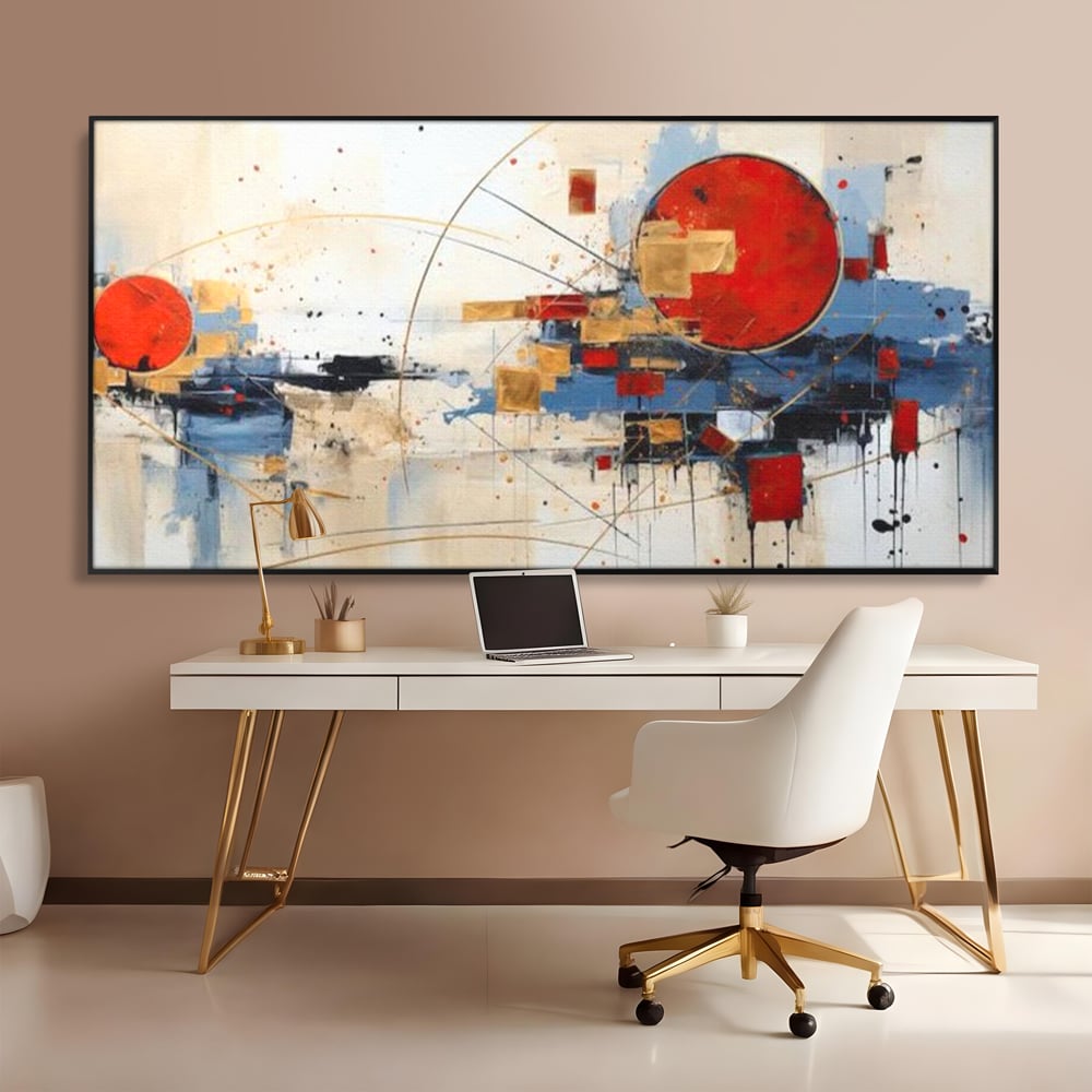 Tablou canvas cu tablou abstract cu cerc rosu si linii, in rama de aluminiu negru, pe perete intr-un birou